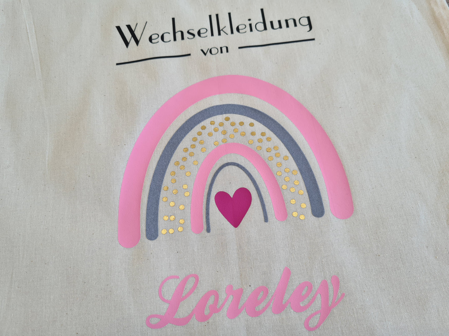 Wechselkleidung Kita Kindergarten Schule Regenbogen Rosa Stoffbeutel Stofftasche Turnbeutel personalisiert Name