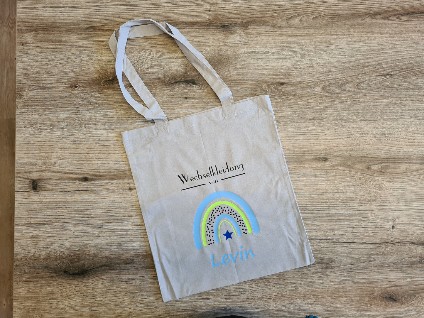 Wechselkleidung Kita Kindergarten Schule Regenbogen Blau Stoffbeutel Stofftasche Turnbeutel personalisiert Name