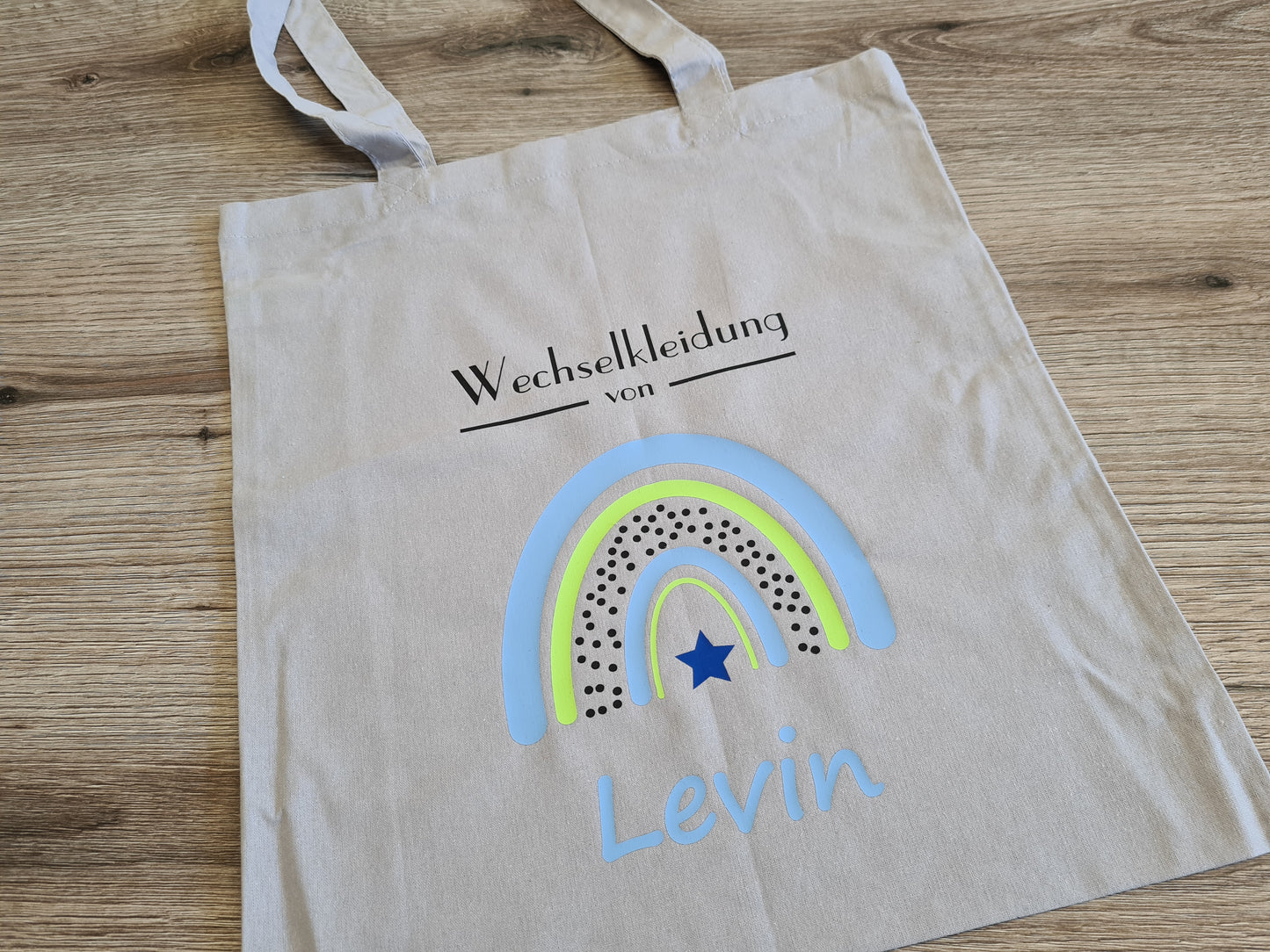 Wechselkleidung Kita Kindergarten Schule Regenbogen Blau Stoffbeutel Stofftasche Turnbeutel personalisiert Name