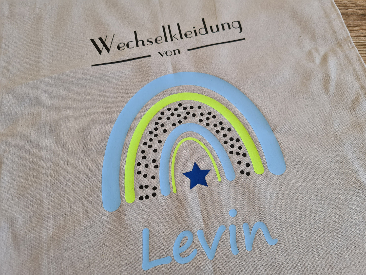 Wechselkleidung Kita Kindergarten Schule Regenbogen Blau Stoffbeutel Stofftasche Turnbeutel personalisiert Name