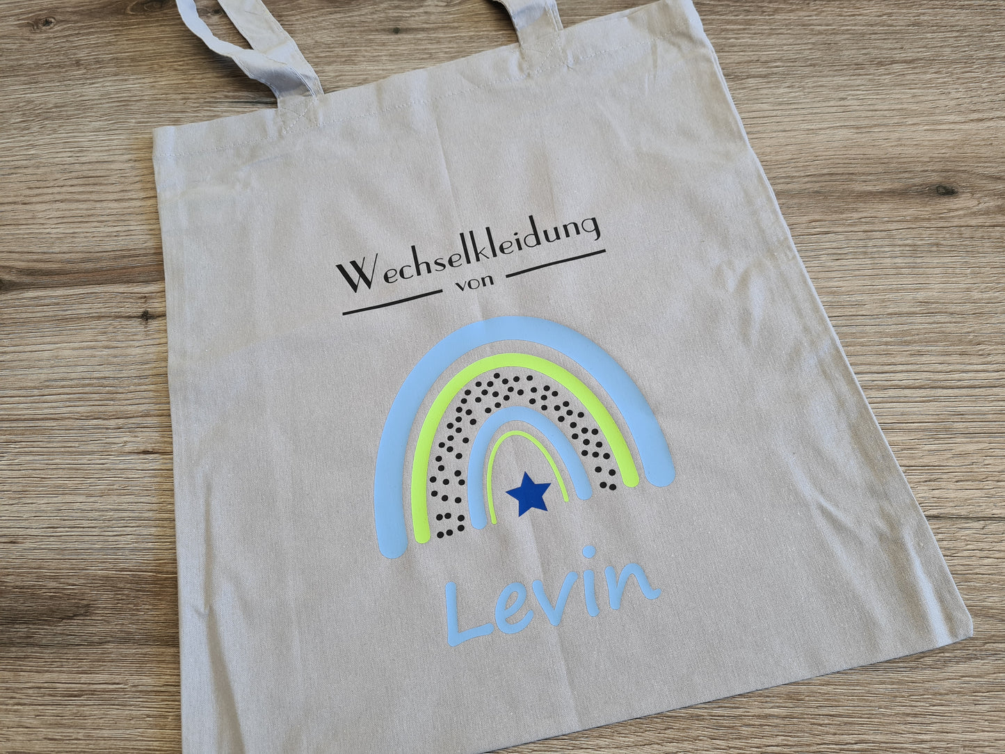 Wechselkleidung Kita Kindergarten Schule Regenbogen Blau Stoffbeutel Stofftasche Turnbeutel personalisiert Name