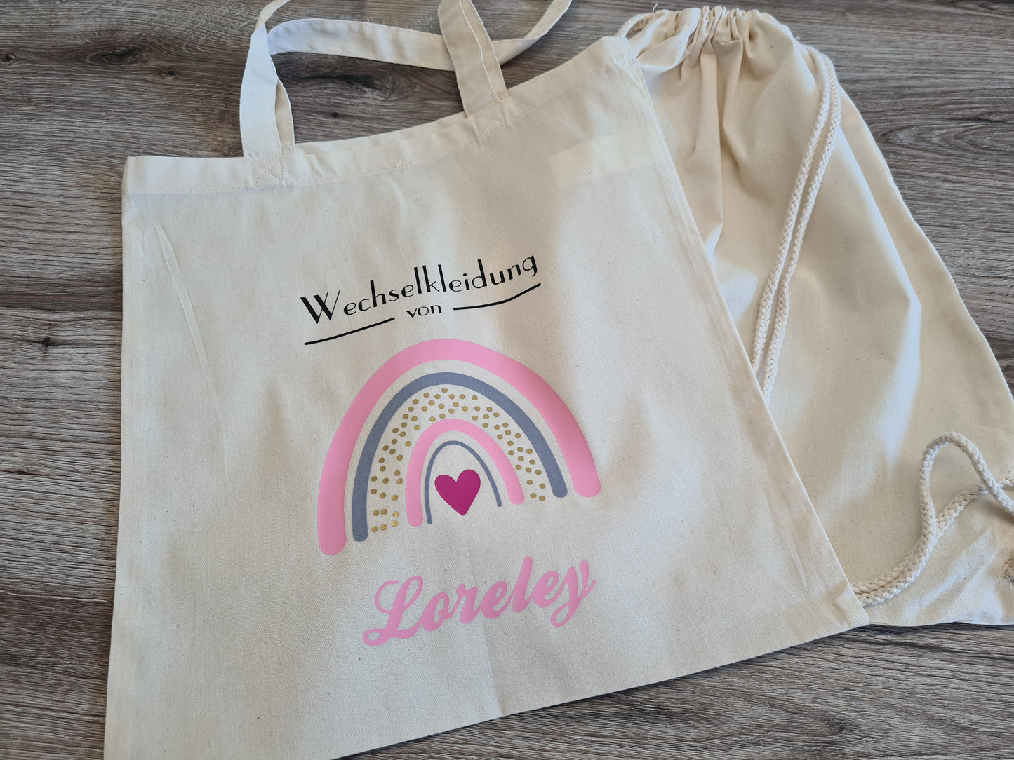 Wechselkleidung Kita Kindergarten Schule Regenbogen Rosa Stoffbeutel Stofftasche Turnbeutel personalisiert Name