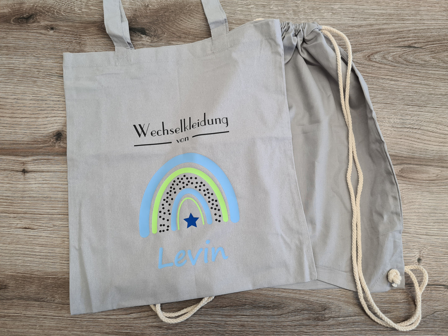 Wechselkleidung Kita Kindergarten Schule Regenbogen Blau Stoffbeutel Stofftasche Turnbeutel personalisiert Name