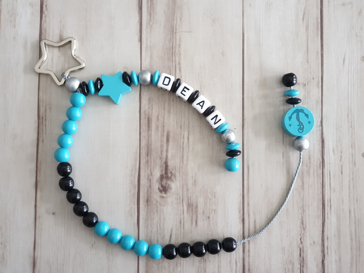 Rechenkette mit Name Helltürkis Schwarz Anker Stern