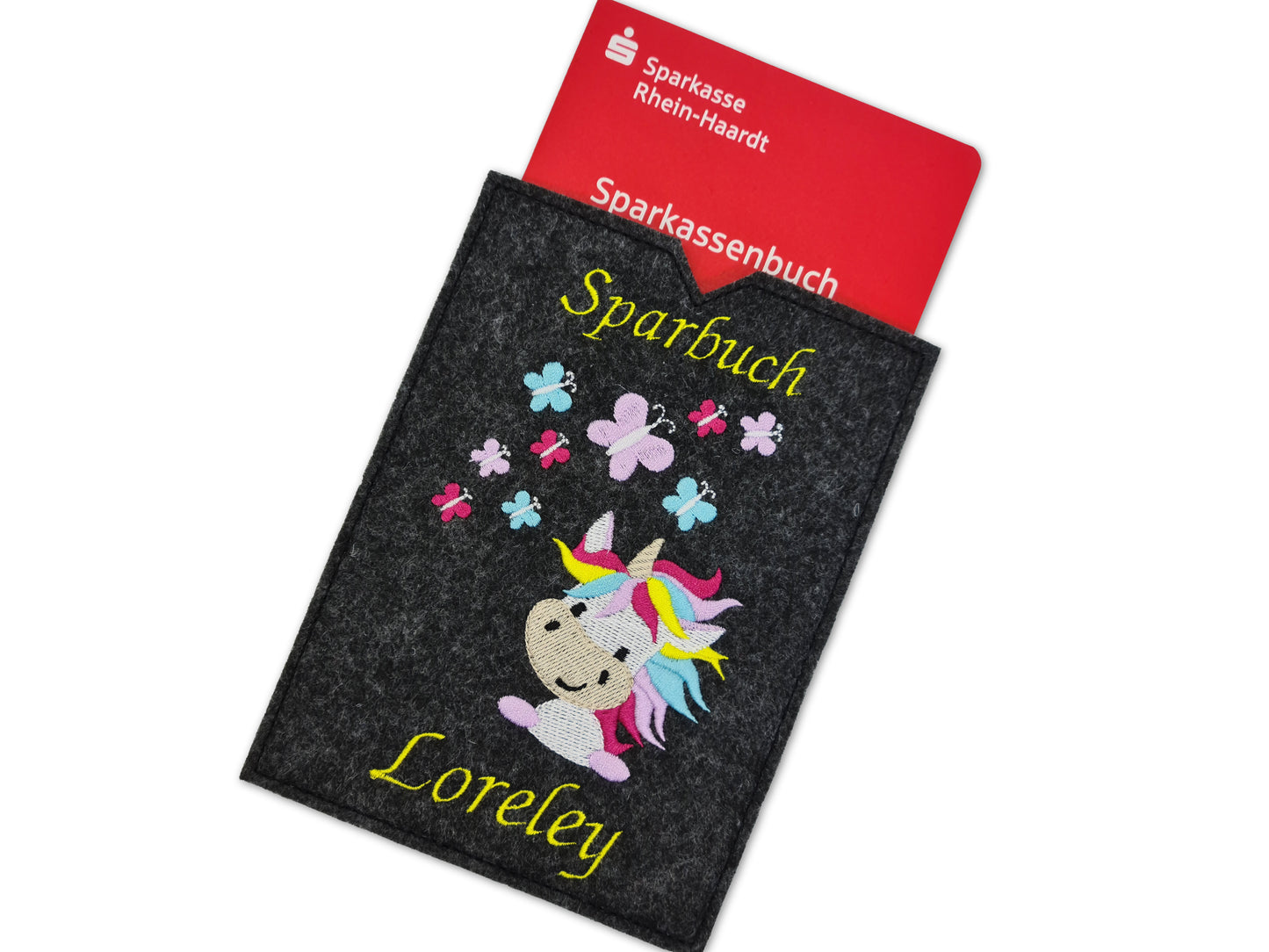 Sparbuchhülle mit Namen - Einhorn - Geschenk Taufe Geburt