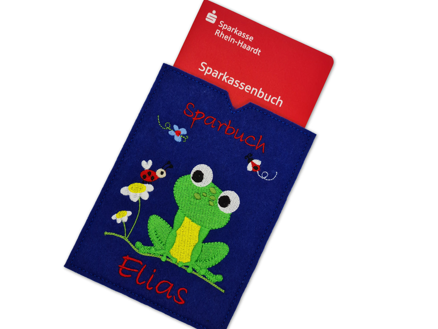 Sparbuchhülle mit Namen - Frosch - Geschenk Taufe Geburt