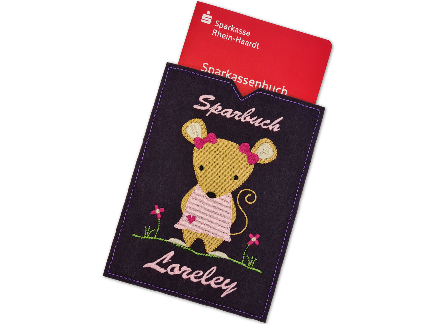 Sparbuchhülle mit Namen - Maus - Geschenk Taufe Geburt