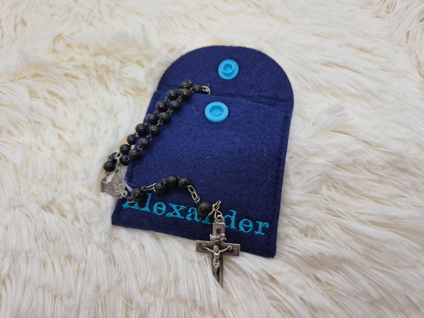 Rosenkranztasche Filz - Motiv und Name - Kreuz, Fische, Punkte